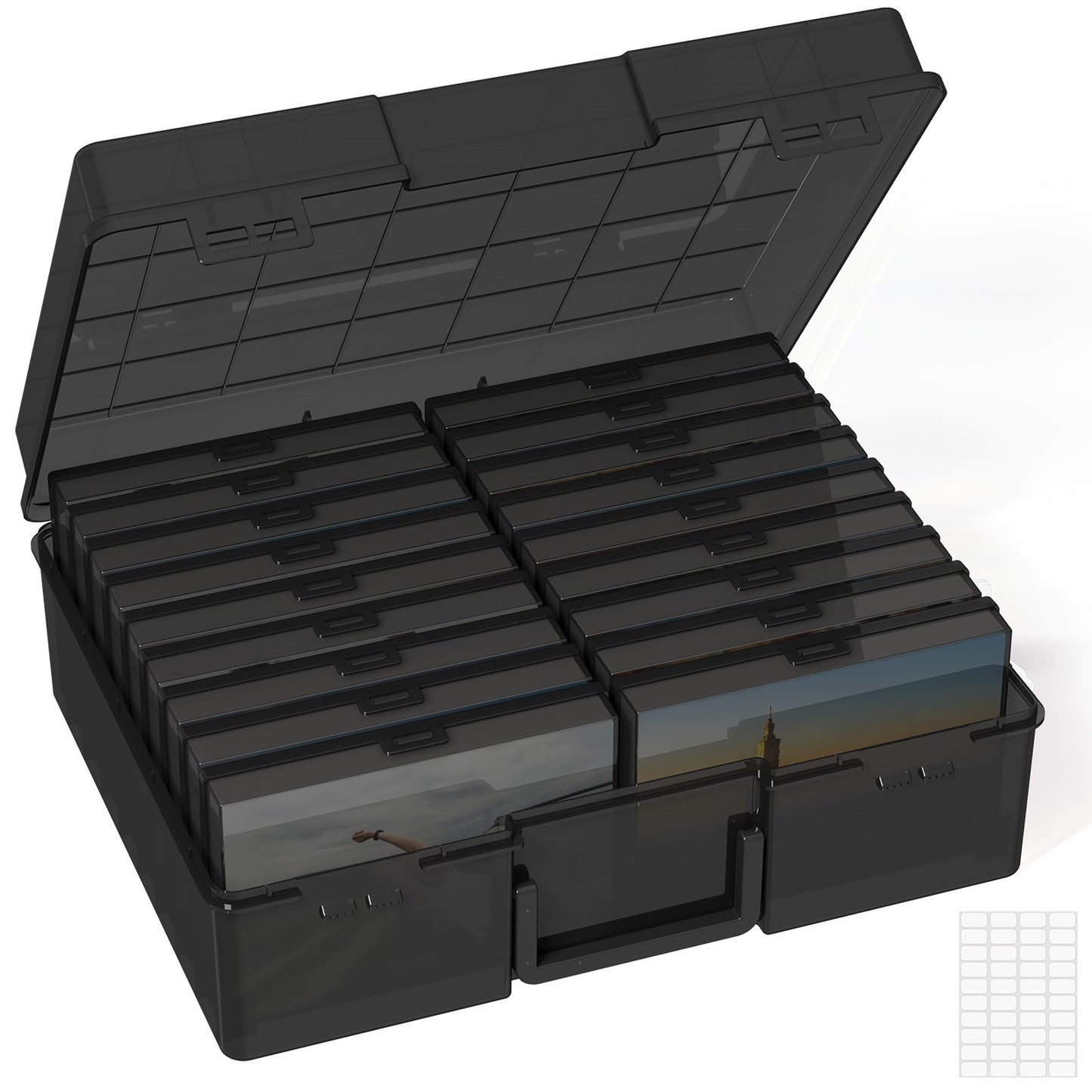 4x6 Photo Storage Box with 14 Inner Photo Keeper Cases Holds 1400 Photos Clear Plastic Photo Organizer with Lids Label Stickers BPA-Free for Cards Pictures Stamps Craft Office Supplies