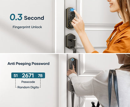 SMONET Smart Deadbolt Lock Set with Handle - Fingerprint, Bluetooth App & Keypad, Auto-Lock, Keyless Entry for Home, Office, Airbnb & Hotel, Oil Rubbed Bronze, Black & Silver