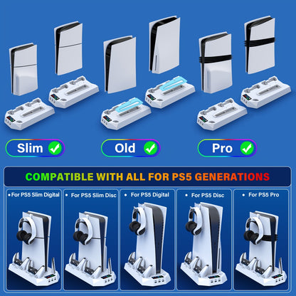 PS5 Cooling Charging Station 5-in-1 with Turbo Fan, Dual Controller Charger, 3-Port USB Hub & Headset Holder – Compatible with PlayStation 5 Slim Pro Standard Disc Digital Edition, 19-Inch USB Cable, Christmas Gift