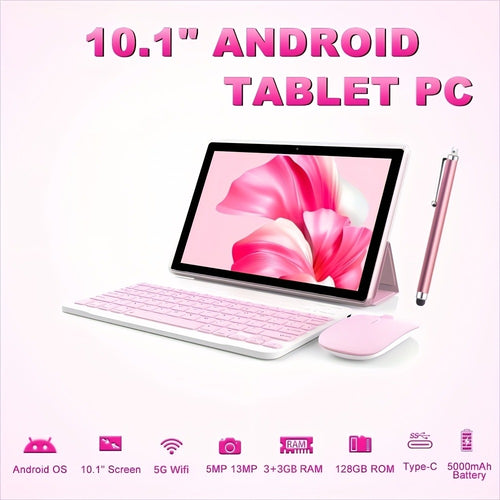 Pink 2-in-1 Android Tablet 10.1 Inch 6GB RAM 128GB ROM 5G WiFi with Keyboard Mouse Case Stylus Pen Dual Camera Type-C Touch Screen Portable Tablet PC Bundle for Work Study Women Teens