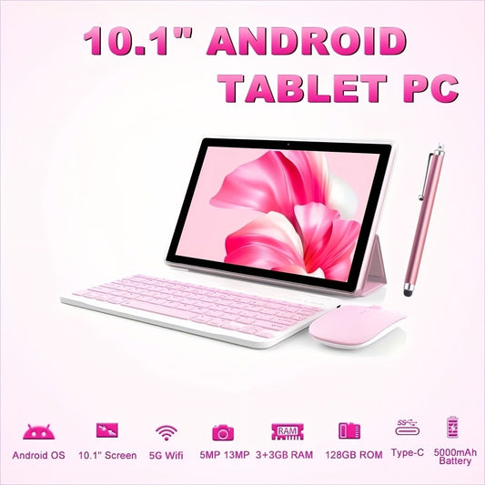 Pink 2-in-1 Android Tablet 10.1 Inch 6GB RAM 128GB ROM 5G WiFi with Keyboard Mouse Case Stylus Pen Dual Camera Type-C Touch Screen Portable Tablet PC Bundle for Work Study Women Teens