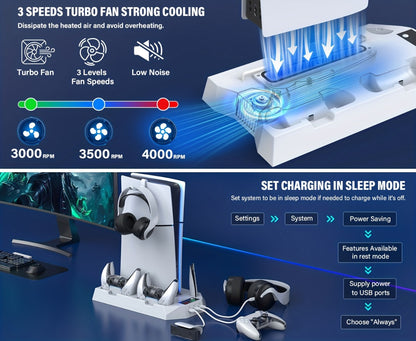 PS5 Cooling Station with Controller Charging Dock - Compatible with PS5 Slim Pro Standard Disc Digital, Dual Controller Charger Turbo Fan 3-Port USB Hub Headset Holder All-in-One PS5 Accessory