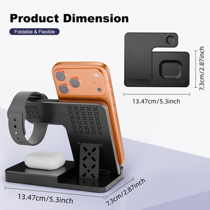 Foldable 3-in-1 Wireless Charging Station with LED Indicator & Anti-Slip Fast Charge for iPhone 17 16 15 14 13 12 11 Pro Max XR XS, Apple Watch Ultra Series 11 10 9 8 7 6 5 SE, AirPods 4 3 2 Pro & Samsung Galaxy – Black White, With/Without Adapter