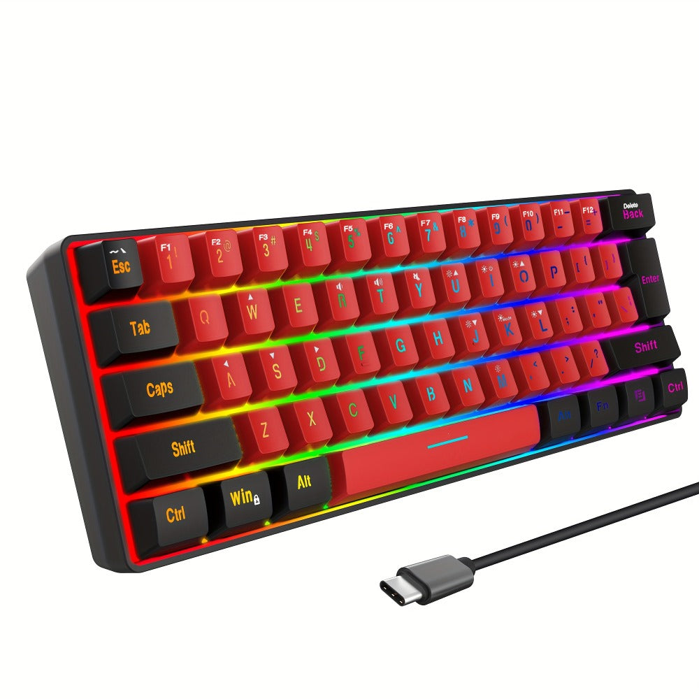 60% Mini Wired Gaming Keyboard SNPURDIRI RGB Backlit Ultra-Compact Film Keys – Space-Saving Tenkeyless Design for PC Gamers, Desktop & Laptop, Black Red Color Options