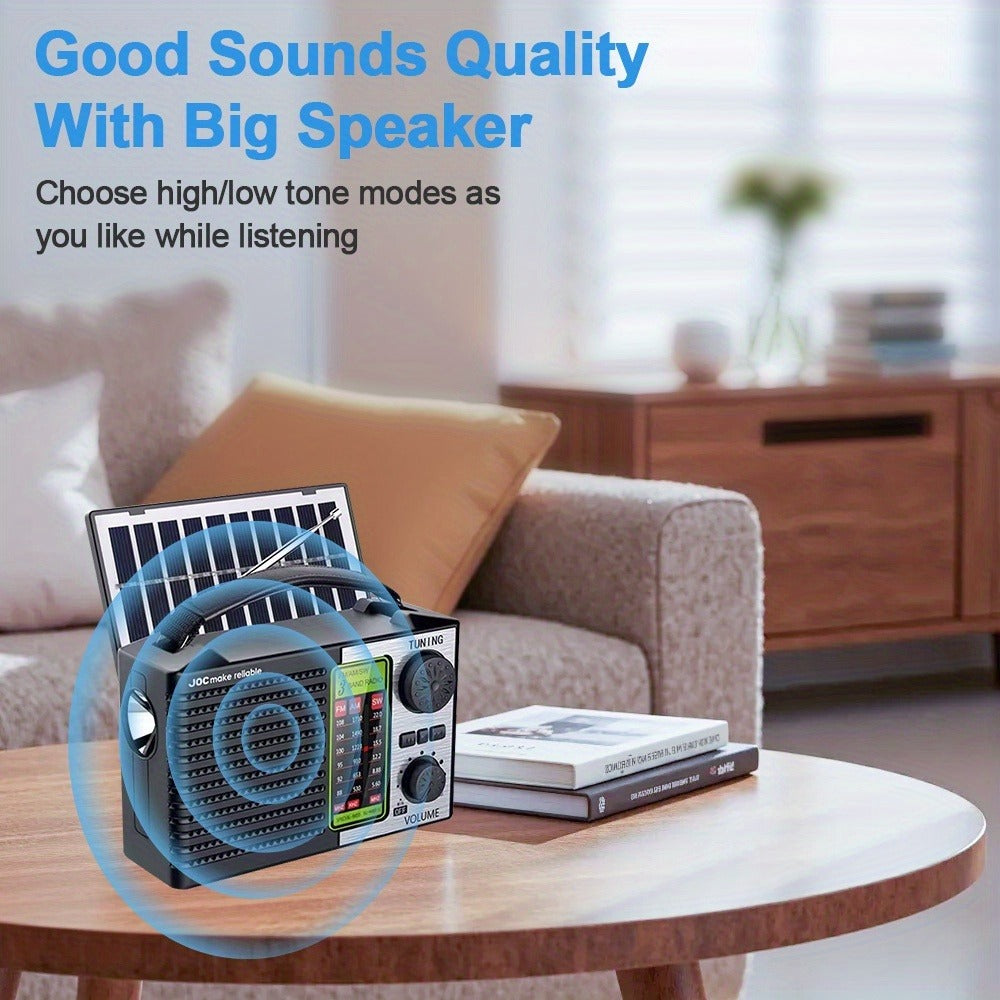 Emergency Solar Hand Crank Radio 5-in-1 with Dual Speaker, FM AM SW VHF, MP3 USB TF Card Player, 180° Foldable Solar Panel, LED Flashlight, Portable for Camping Power Outages Survival