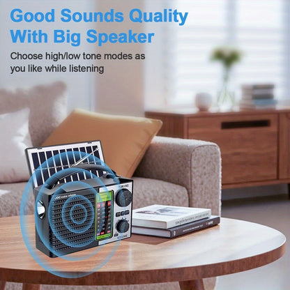 Emergency Solar Hand Crank Radio 5-in-1 with Dual Speaker, FM AM SW VHF, MP3 USB TF Card Player, 180° Foldable Solar Panel, LED Flashlight, Portable for Camping Power Outages Survival