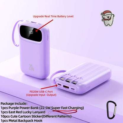 Portable Charger 10000mAh with Built-In 3 Cables Lightning USB-C Micro-USB 22.5W Super Fast Charging Cute Cartoon Mini Power Bank for iPhone Android Travel Backup Battery – Purple Black Red White