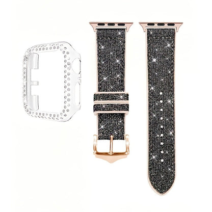 Apple Watch Band with Case Crystal Rhinestone Bling, Chameleon Color-Shift Strap + Shockproof Hard PC Cover, Compatible with Apple Watch Series 1-9 SE Ultra 38mm to 49mm S10 – Rose Gold Black Silver Women