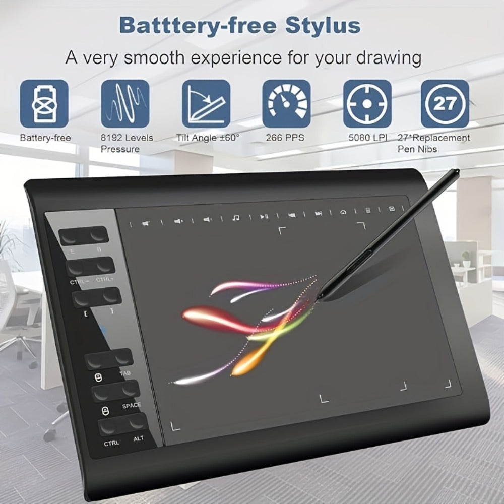 Graphics Drawing Tablet 10x6 Inch, 8192 Levels Pressure Sensitivity Battery-Free Stylus, 12 Programmable Shortcut Keys, 30 Replacement Tips, Tilt Support, Compatible with PC Mac Android – Digital Art, Illustration & Online Teaching