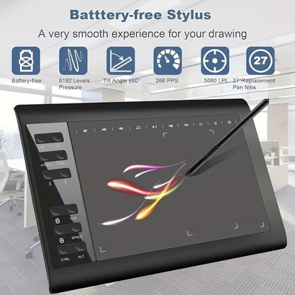 Graphics Drawing Tablet 10x6 Inch, 8192 Levels Pressure Sensitivity Battery-Free Stylus, 12 Programmable Shortcut Keys, 30 Replacement Tips, Tilt Support, Compatible with PC Mac Android – Digital Art, Illustration & Online Teaching