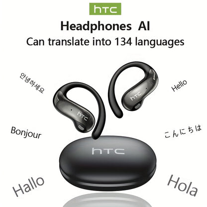 HTC NE19 AI Translation Earbuds TWS 134 Languages, Open-Ear Wireless Bluetooth 5.4 HiFi Audio, Long Battery Life Hands-Free Earphones for Travel Business Sports Casual Daily Use