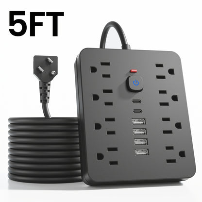 14-in-1 Wall-Mountable Power Strip with Surge Protector – 8 AC Outlets & 6 USB Ports (2 USB-C), Flat Plug Space-Saving Extension Cord, Overload Protection for Home School Office, 5ft or 10ft