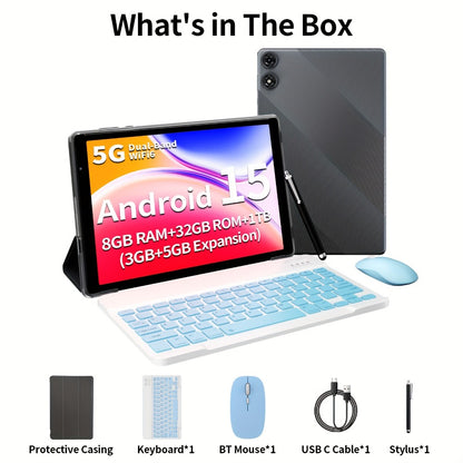 2-in-1 Tablet 10.1 Inch Android 15 8GB RAM 32GB ROM 1TB Expandable 6000mAh Battery WiFi Dual Camera with Optional Keyboard Mouse Protective Case & Stylus Pen – Gray