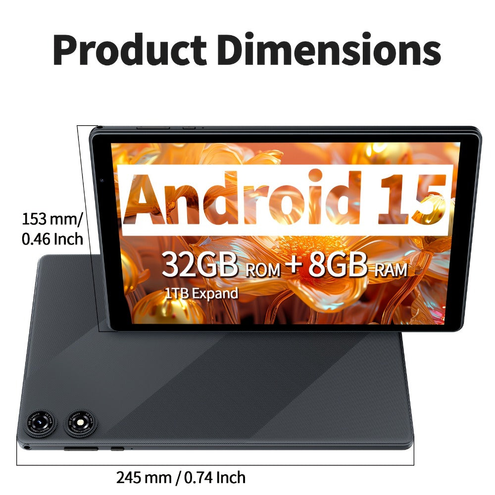 2-in-1 Tablet 10.1 Inch Android 15 8GB RAM 32GB ROM 1TB Expandable 6000mAh Battery WiFi Dual Camera with Optional Keyboard Mouse Protective Case & Stylus Pen – Gray