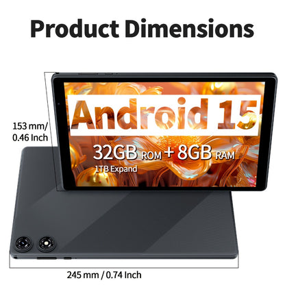 2-in-1 Tablet 10.1 Inch Android 15 8GB RAM 32GB ROM 1TB Expandable 6000mAh Battery WiFi Dual Camera with Optional Keyboard Mouse Protective Case & Stylus Pen – Gray
