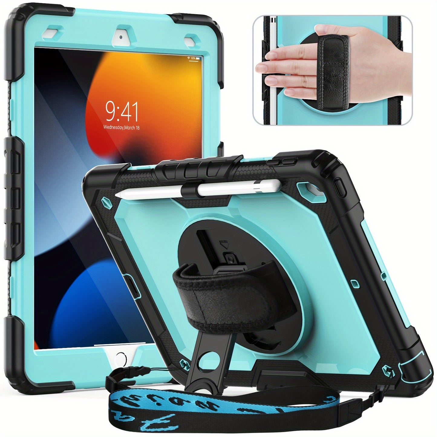iPad 9th 8th 7th Generation Case 10.2 Inch Heavy Duty with Screen Protector, Hand & Shoulder Strap, 360° Rotating Stand, Pencil Holder – Full Body Protection for iPad 7/8/9 Gen, Black