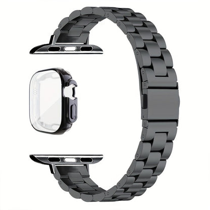 Slim Waist Apple Watch Steel Band & Half Shell Case 3-Piece Set – 2 Stainless Steel Bands + Protective Case Compatible with Apple Watch Series 1–9 SE Ultra 38 40 41 42 44 45 49mm – Gold Silver Rose Black
