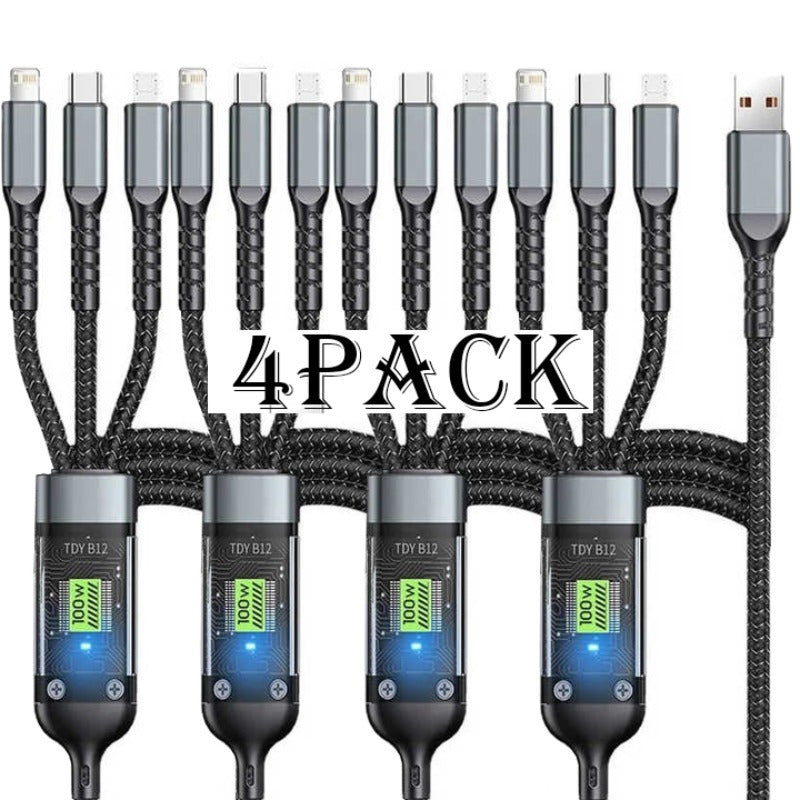 MFi Certified 3-in-1 Charging Cable 100W Fast Charge 4/8 Pack – 1.2m Nylon Braided USB Cable Type-C Micro USB Lightning for iPhone iPad Samsung Android, Multi Connector Multi Pack Phone Charger Cord