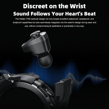 2-in-1 Smartwatch with Built-In Earphones 1.46 Inch IPS Touch Screen 100 Sport Modes Outdoor Fitness Tracker Heart Rate Blood Oxygen Sleep Monitor Weather Alarm Remote Control iPhone Android Compatible Extra Strap Included