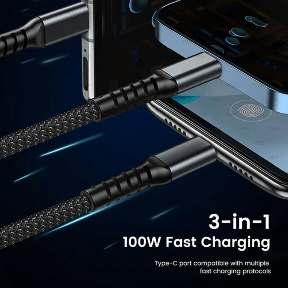 MFi Certified 3-in-1 Charging Cable 100W Fast Charge 4/8 Pack – 1.2m Nylon Braided USB Cable Type-C Micro USB Lightning for iPhone iPad Samsung Android, Multi Connector Multi Pack Phone Charger Cord
