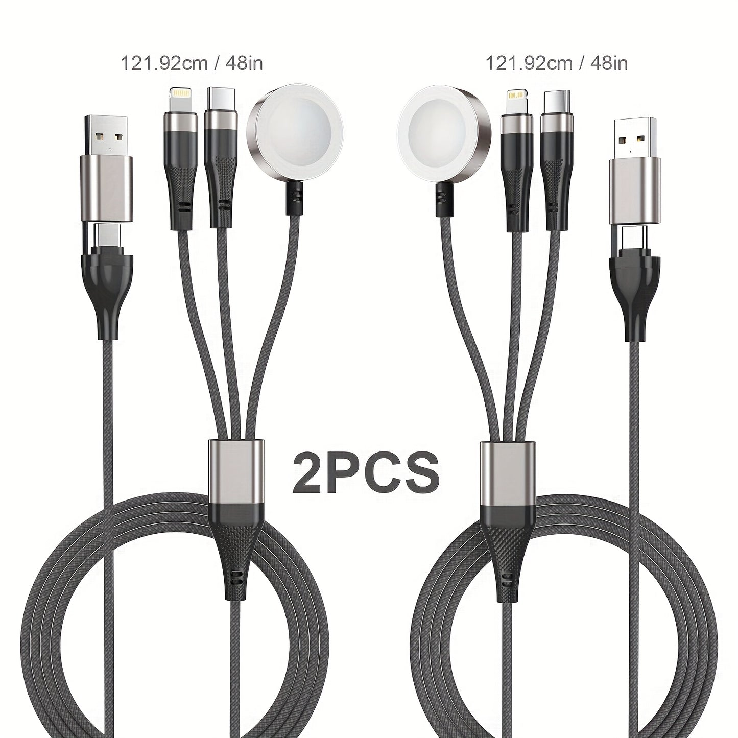 Multi Charging Cable 3-in-2 Fast Charging Set of 2, Compatible with Apple Watch Ultra Series 10 9 8 7 6 SE iPhone 16 15 14 13 12 Samsung Galaxy, USB-C & USB-A, 2FT + 4FT Portable Cord Combo