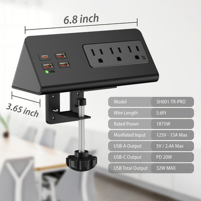 Desk Edge Mount Power Strip 7-in-1 with PD 20W USB-C Fast Charging, Screw & Clamp Mount, 5.6ft Extension Cord, Power Indicator Light – Under-Desk Charging Station for Office, Dorm & Hotel