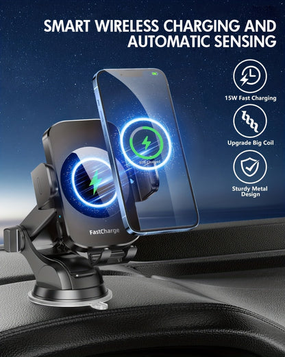Wireless Car Charger Mount 15W Auto-Clamping – Fast Charge Phone Holder for iPhone 17 16 15 14 13 12 Pro Max, Samsung Galaxy S24 S23 S22 S21 S10 & All Qi Phones | USB-C Dashboard & Vent Mount
