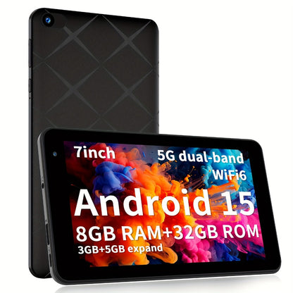 Android 15 Tablet 7 Inch, 8GB RAM 32GB ROM, 1TB Expandable Storage, WiFi 6 Dual-Band IPS Touchscreen Tablet with Protective Case, Multi-Core CPU, Dual HD Cameras – Black