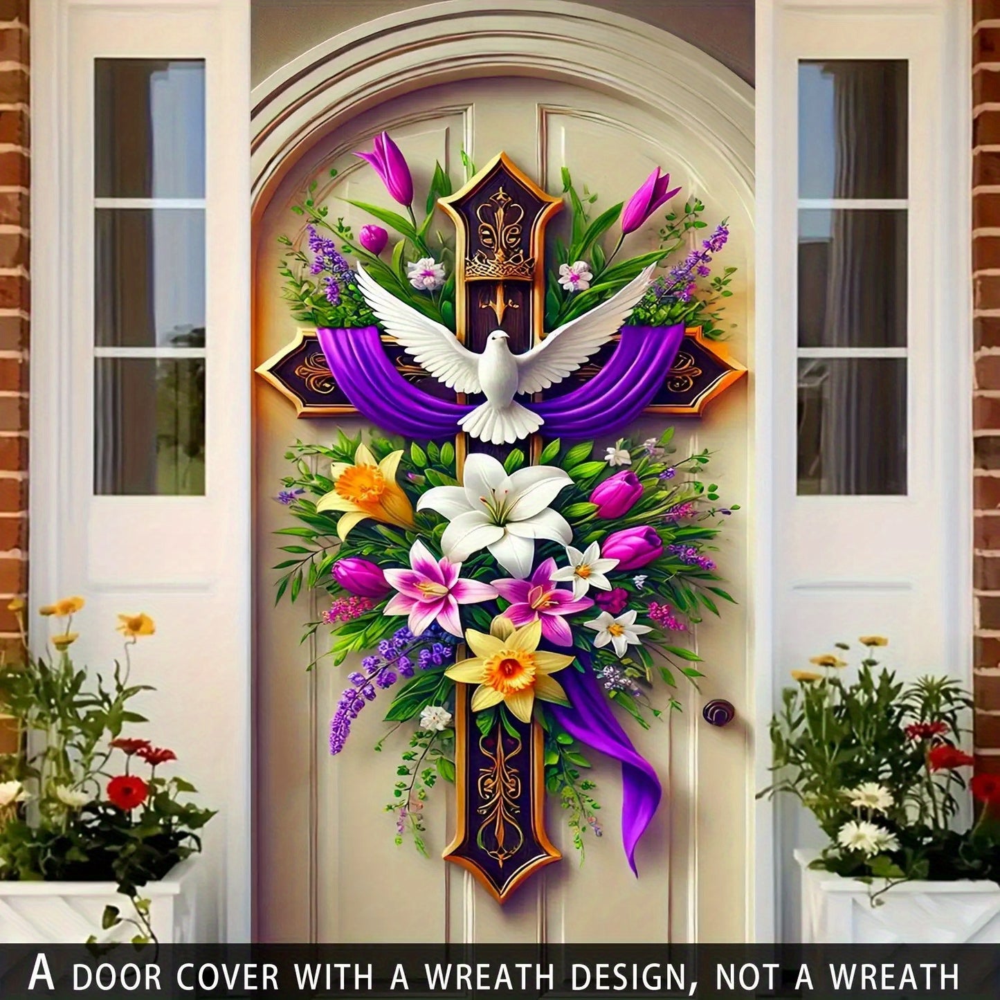 Easter Door Curtain Decoration 35.4x70.8 Inch, Colorful Spring Door Hanging with Dove Floral Cross Pattern, Polyester 2D Flat No-Power Door Curtain Set for Entrance Room Home Party Easter Decor