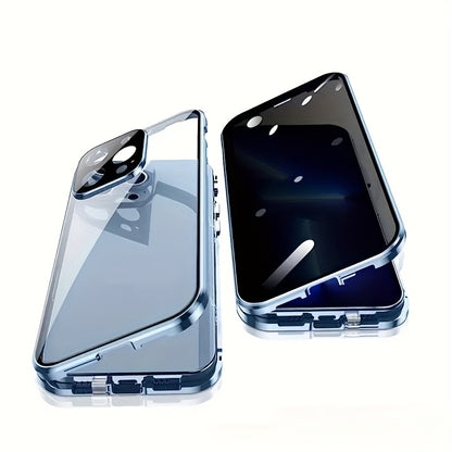 Clear Back Privacy iPhone Case with Metal Frame & Magnetic Double-Sided Tempered Glass – Anti-Peep Anti-Spy Transparent Cover for iPhone 12 13 14 15 16 Pro Max Plus, Wireless Charging Compatible