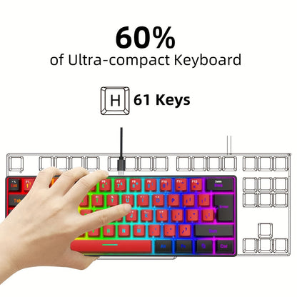 60% Mini Wired Gaming Keyboard SNPURDIRI RGB Backlit Ultra-Compact Film Keys – Space-Saving Tenkeyless Design for PC Gamers, Desktop & Laptop, Black Red Color Options