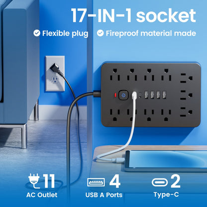 17-in-1 Flat Plug Power Strip with Surge Protector – 11 Spacious AC Outlets & 6 USB Ports (2 USB-C), Overload Protection, Space-Saving Design for Home Office Desk Dorm