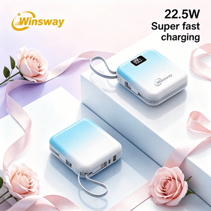 Mini Compact Power Bank 10000mAh Winsway 22.5W Fast Charging – Built-in Dual Cables USB-C & USB-A, Gradient Design, LED Display, Ultra-Lightweight Portable Charger for Travel Boarding Outdoor Gift