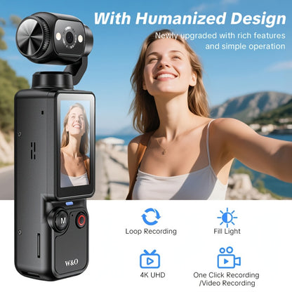 4K Pocket Sports Camera with Gimbal Stabilizer 16X Zoom 180 Degree Rotation 2000mAh Rechargeable 32GB Memory USB Charging Portable Vlog Body Camera for Outdoor Sports Travel Content Creators Black White