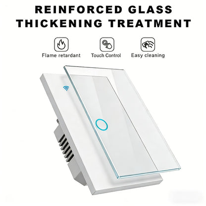 White Glass WiFi Bluetooth Touch Screen Smart Switch 1/2/3/4 Gang – Scratch-Resistant, Works with Alexa & Google Home, Tuya App, Smart Scenes, Timer, Share Function, 600W/Gang, Neutral Required