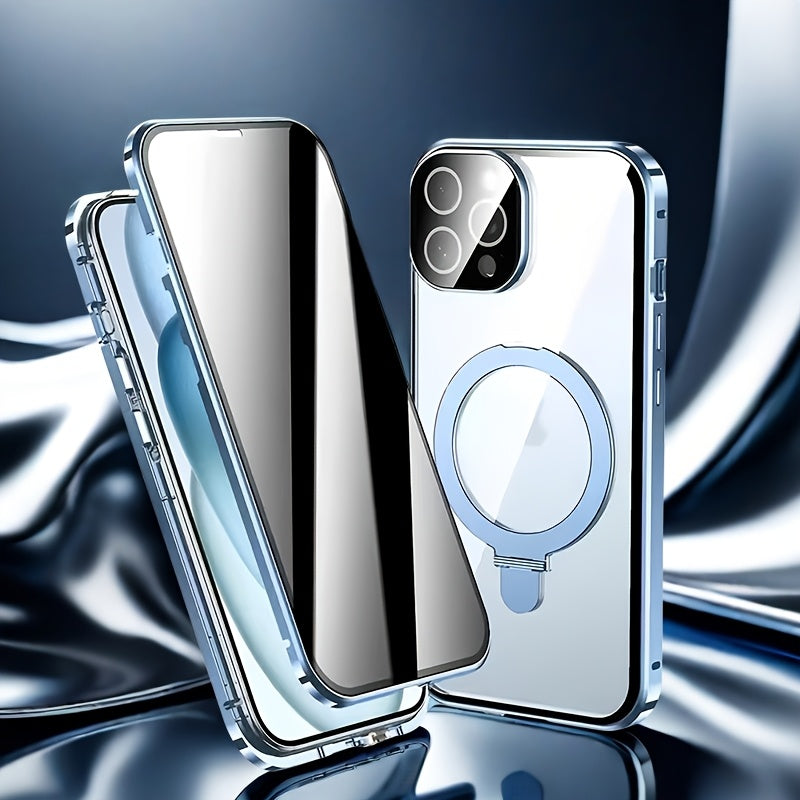 Anti-Spy Tempered Glass iPhone Case with Security Lock, Kickstand & Camera Protection – Magnetic Double-Sided Privacy Cover for iPhone 12 13 14 15 16 Pro Max Plus, Full Body Drop Protection