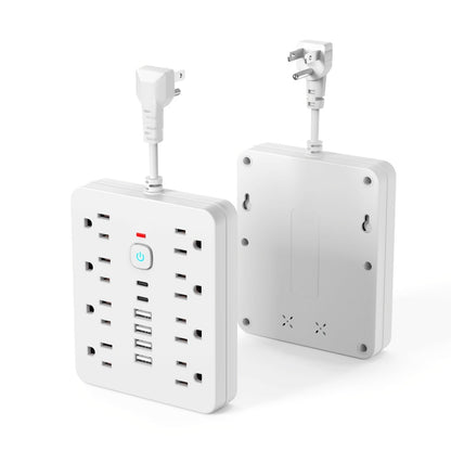 14-in-1 Power Strip with Individual Switches & Overload Protection – 8 AC Outlets, 4 USB-A & 2 USB-C Ports, Multi-Plug Wall Surge Protector for Office Home Travel, White & Black