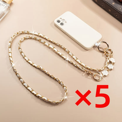 Crossbody Phone Strap Long Chain Pearl Camellia Metal Charm Elegant Lanyard for Women Girls – Clip-On Universal Fit iPhone Samsung Black White 2-5pcs Gift Set