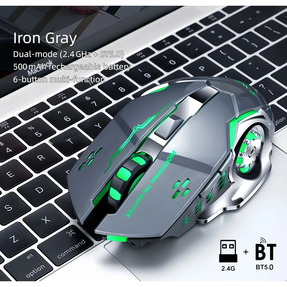 Bluetooth 5.0 2.4G Dual Mode Wireless RGB Gaming Mouse Silent 6 Button Ergonomic USB-C Rechargeable Breathing Light for PC Laptop Mac Tablet Office Gaming Tech Black Star Black White Gray