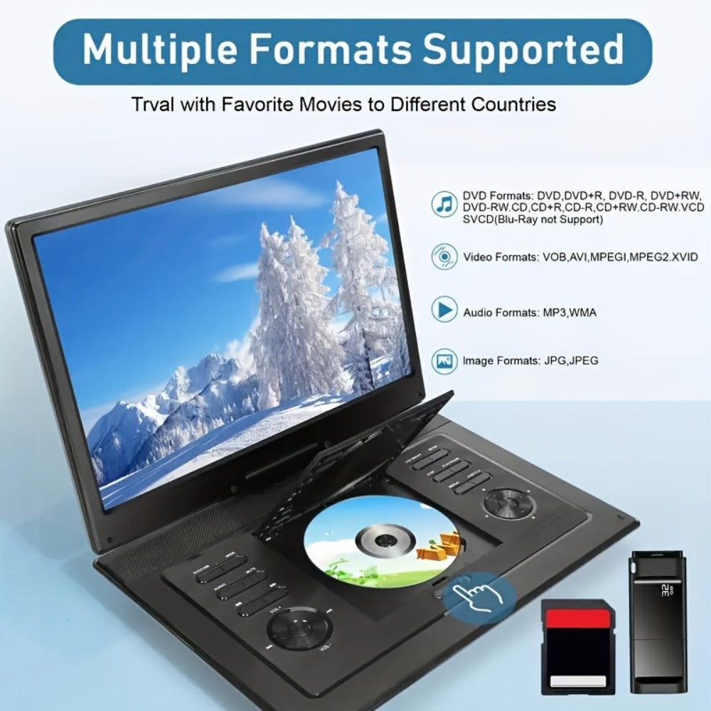 Large Screen Portable DVD Player 15.6 Inch 1280x800 HD, 270° Swivel Display, Region Free, Remote Control, Dual Speakers, USB SD Card Support, 4-6 Hour Rechargeable Battery for Car Home Travel