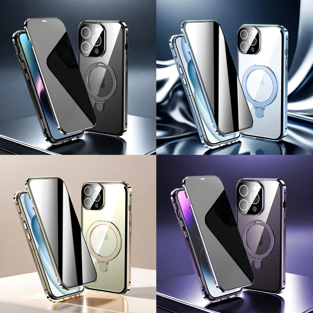 Anti-Spy Tempered Glass iPhone Case with Security Lock, Kickstand & Camera Protection – Magnetic Double-Sided Privacy Cover for iPhone 12 13 14 15 16 Pro Max Plus, Full Body Drop Protection