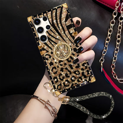 Leopard Print Samsung Galaxy Case Ring Holder Kickstand Anti-Drop Rectangular Cover for Galaxy S25 Ultra Plus S24 Ultra Plus FE S23 Ultra S22 Ultra S21 Ultra A56 A55 A54 A36 A35 A16 A15 A14 – Fashion Girly