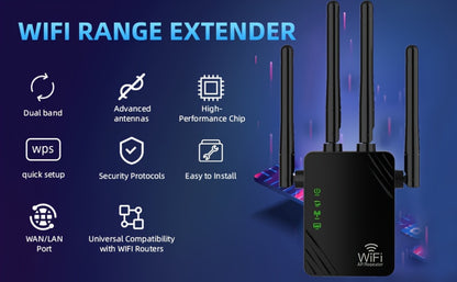 10000 Sq Ft WiFi Extender 1200Mbps 4-Mode - Dual Band 2.4GHz & 5GHz, 4 Antennas 360° Coverage, 6X Signal Boost, Penetrates Walls, 35 Devices, Repeater Access Point Router WISP, 1-Tap Setup, Black