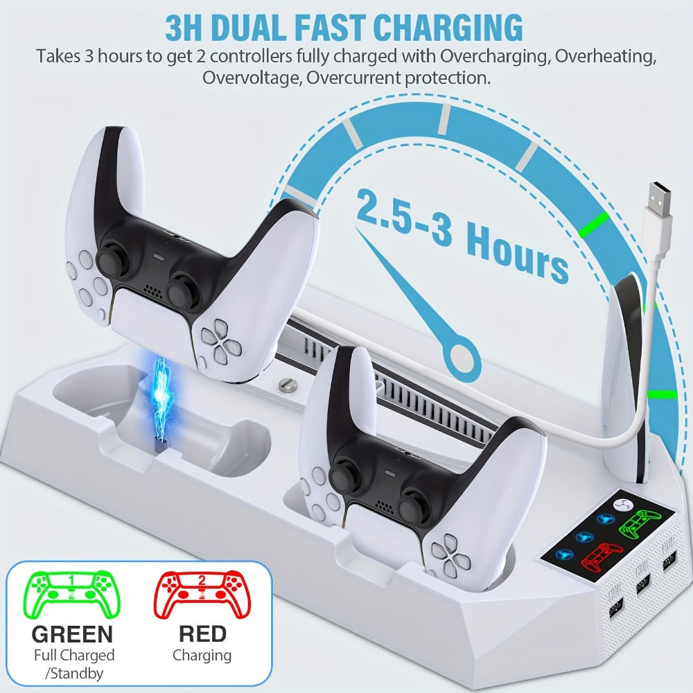 PS5 Cooling Charging Station 5-in-1 with Turbo Fan, Dual Controller Charger, 3-Port USB Hub & Headset Holder – Compatible with PlayStation 5 Slim Pro Standard Disc Digital Edition, 19-Inch USB Cable, Christmas Gift