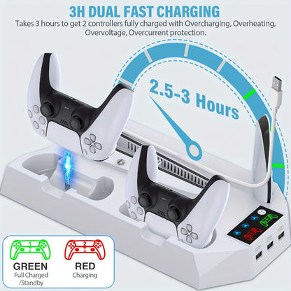PS5 Cooling Charging Station 5-in-1 with Turbo Fan, Dual Controller Charger, 3-Port USB Hub & Headset Holder – Compatible with PlayStation 5 Slim Pro Standard Disc Digital Edition, 19-Inch USB Cable, Christmas Gift