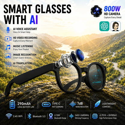 Bluetooth Smart Glasses with 8MP HD Camera – AI Real-Time Translation, Object Recognition, Touch Control, Bluetooth Call & Music, Wearable for Men & Women
