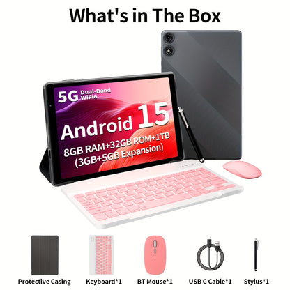 2-in-1 Tablet 10.1 Inch Android 15 8GB RAM 32GB ROM 1TB Expandable 6000mAh Battery WiFi Dual Camera with Optional Keyboard Mouse Protective Case & Stylus Pen – Gray