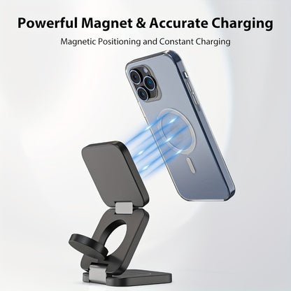 3-in-1 Foldable Travel Charging Station Magnetic Wireless Charger Dock for iPhone 17 16 15 14 13 12 Pro Max, Apple Watch Ultra 2 Series 9 8 7 6 5 4 3 2 SE, AirPods 4 3 2 Pro – Compact Portable – Black
