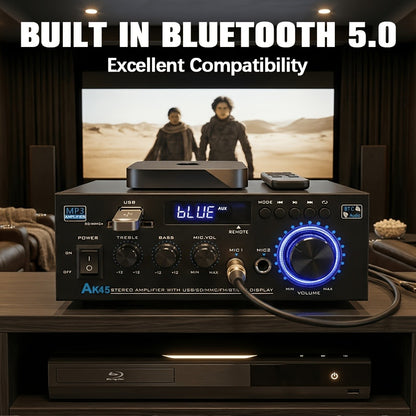400W Bluetooth 5.0 Stereo Amplifier Receiver AK45, 2-Channel Home Audio Power Amp with Karaoke, FM Radio, USB MMC SD Card, Supports Passive Ceiling Speakers Garage Home Theater Speaker System
