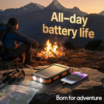 Solar Power Bank 20000mAh Portable Charger for Camping Hiking Outdoor Survival – Dual USB LED Flashlight Compass Emergency Battery Pack for iPhone Android – Black Orange
